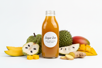 a product shot of a juice glass bottle of these fruits: sugar apple, soursop, mango, and ginger. include all fruits around the bottle. a n oval label with the name 