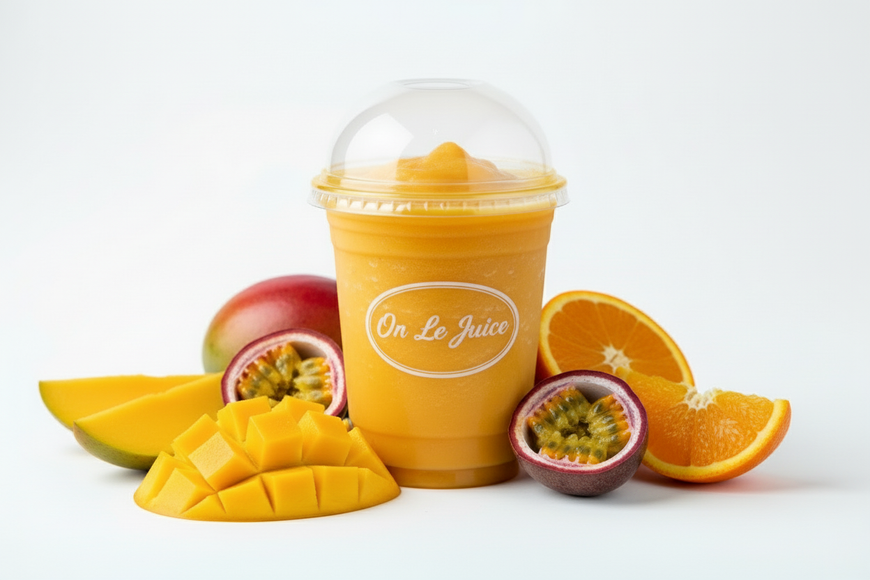 change the fruit to mango, passionfruit, and ornage and make the color of the smoothie coinicide