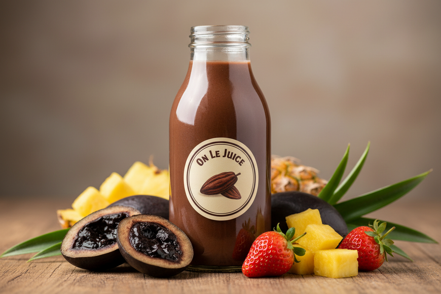 make a glass bottle with the cap off with a circle label saying "On Le Juice" - make it a chocolatey color with black sapote cut around it and strawberries and pineapples